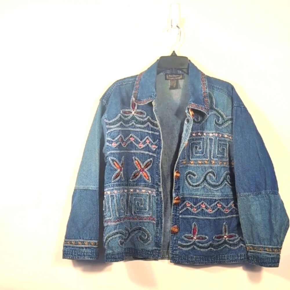 Vintage Embroidered Denim Jacket Floral Trucker Style Size Large